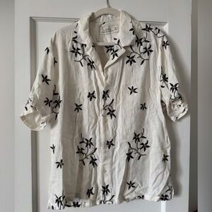 Abercrombie & Fitch White Short-Sleeve Button-Down with Black Floral Embroidery